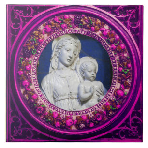 CARREAU EN CÉRAMIQUE MADONNA AVEC ENFANT, RENAISSANCE ROSE COURONNE FLO