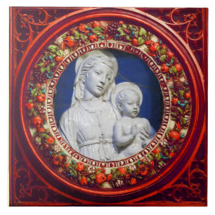 CARREAU EN CÉRAMIQUE MADONNA AVEC ENFANT, RENAISSANCE ROUGE COURONNE FL