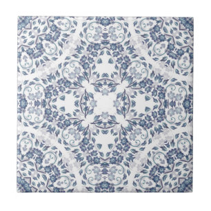 Carreau En Céramique Mandala bleu gris blanc