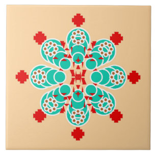 Carreau En Céramique Mandala en huit points - turquoise et pêche
