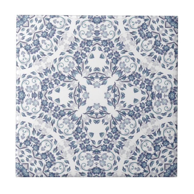 Carreau En Céramique Mandala Floral Blanc Bleu Grisâtre (Devant)
