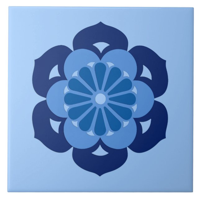 Carreau En Céramique Mandala, indigo et bleu-clair de fleur de Lotus (Devant)