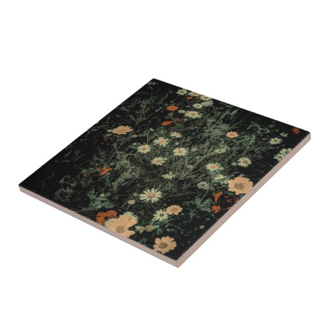 Carreau En Céramique marguerite blanche bohème fleur sauvage noir flora (Côté)
