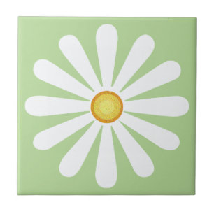 Carreau En Céramique Marguerite blanche, centre jaune, sur vert pâle