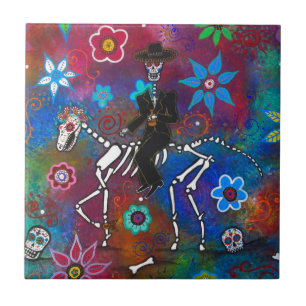 CARREAU EN CÉRAMIQUE MARIACHI RIDER DIA DE LOS MUERTOS DE CHEVAL