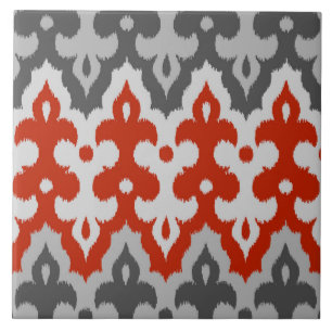 Carreau En Céramique Marocain Ikat Damask, Graphite Grey et Rouge