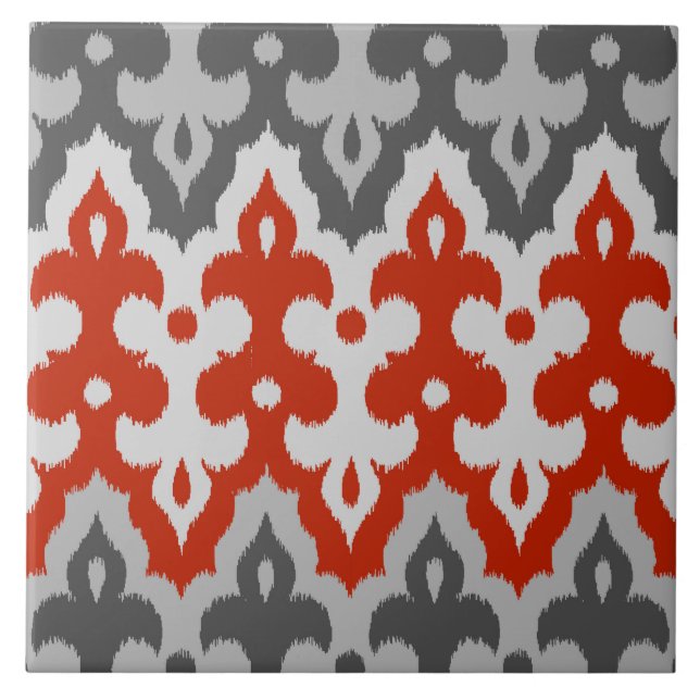 Carreau En Céramique Marocain Ikat Damask, Graphite Grey et Rouge (Devant)