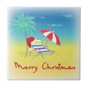 Carreau En Céramique Merry Christmas, Santa Hat, Palm Tree, Beach