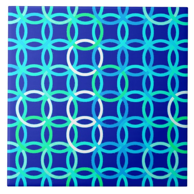 Carreau En Céramique Mi-siècle Cercles modernes, cobalt & paon (Devant)
