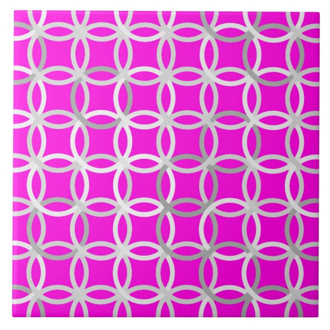 Carreau En Céramique Mi-siècle Cercles modernes, magenta, gris & blanc (Devant)