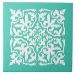 Carreau En Céramique Modèle de damas d'Ikat - bleu paon et blanc