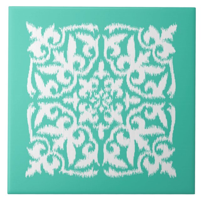 Carreau En Céramique Modèle de damas d'Ikat - bleu paon et blanc (Devant)