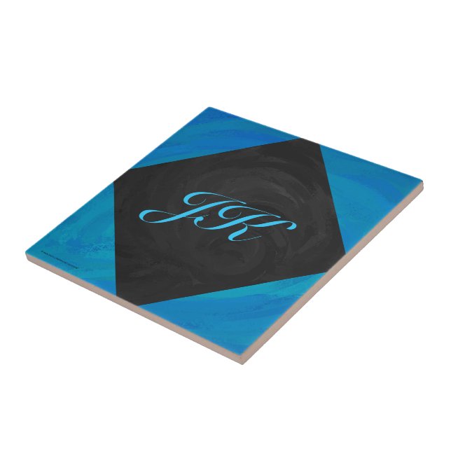 Carreau En Céramique Monogramme bleu océan et noir (Côté)