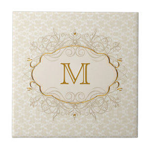 Carreau En Céramique Monogramme en ivoire de perle et d'or