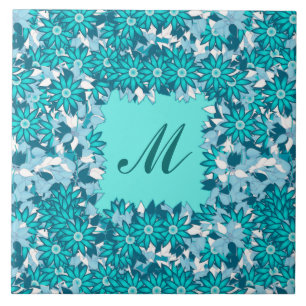 Carreau En Céramique Monogramme encadré de fleurs - bleu et blanc