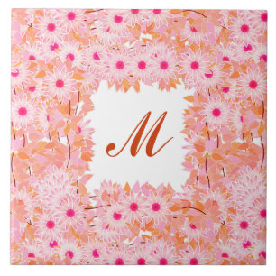 Carreau En Céramique Monogramme encadré de fleurs - rose et pêche