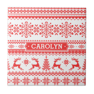 Carreau En Céramique Monogramme juste rouge de motif d'île de chandail