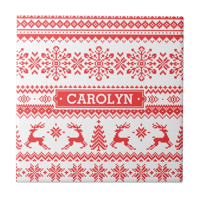 Carreau En Céramique Monogramme juste rouge de motif d'île de chandail (Devant)
