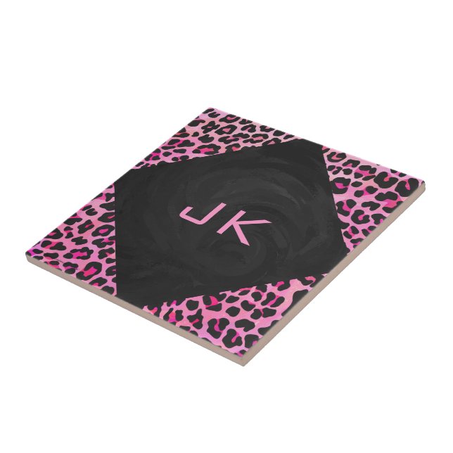 Carreau En Céramique Monogramme Leopard noir et rose chaud (Côté)