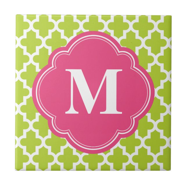 Carreau En Céramique Monogramme moderne marocain vert et rose (Devant)