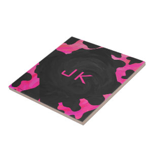Carreau En Céramique Monogramme vache rose chaud et noir