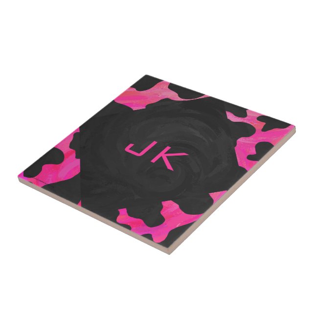 Carreau En Céramique Monogramme vache rose chaud et noir (Côté)