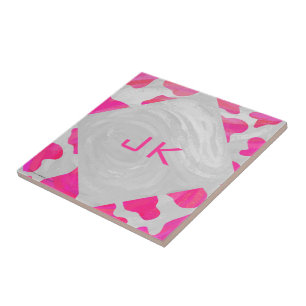 Carreau En Céramique Monogramme Vache rose et blanc chaud