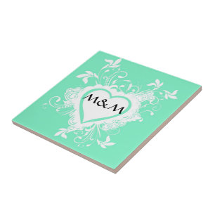 Carreau En Céramique Monogramme vert et coeur
