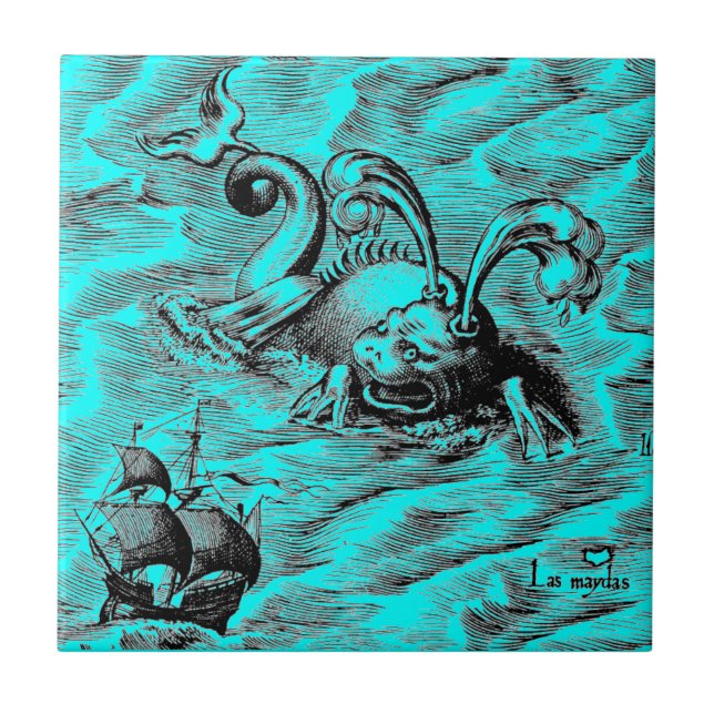 Carreau En Céramique Monster de la mer Arctique et voilier (Devant)