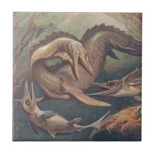 Carreau En Céramique Mosasaurus Vintage contre Ichthyosaures Imprimer