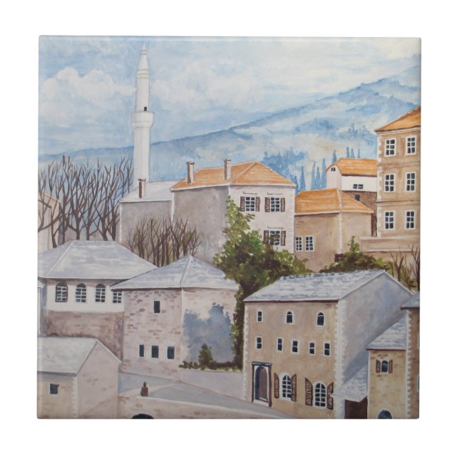 Carreau En Céramique Mostar, Bosnie - Peinture Townscape Acrylique (Devant)