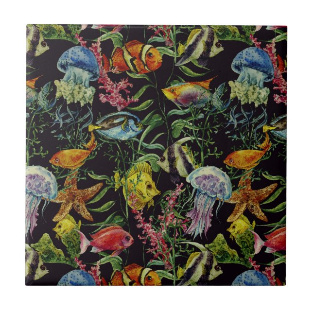 Carreau En Céramique Motif 1 de vie marine d'aquarelle (Devant)