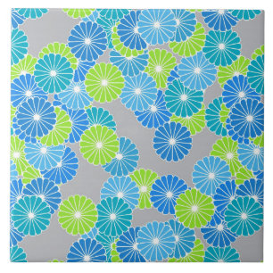 Carreau En Céramique Motif à fleurs Art Déco - bleu et vert citron