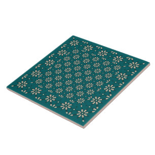 Carreau En Céramique Motif à fleurs, Crème, Turquoise foncé : Carrelage
