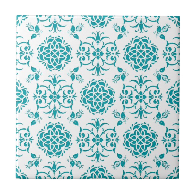 Carreau En Céramique Motif Aqua et blanc de Damas florales (Devant)