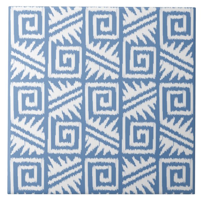 Carreau En Céramique Motif aztèque d'Ikat - bleu et blanc de ciel (Devant)