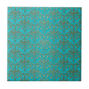 Carreau En Céramique Motif damassé turquoise et or élégant