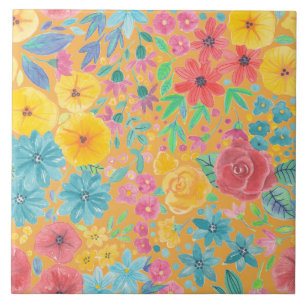 Carreau En Céramique Motif d'aquarelle florale en jaune