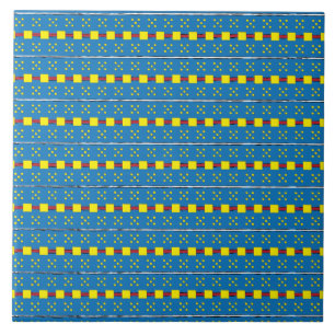 Carreau En Céramique Motif d'art populaire géométrique bleu et jaune