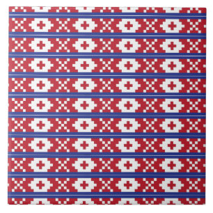 Carreau En Céramique Motif d'art populaire tribal rouge, bleu et blanc