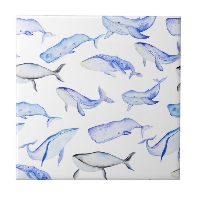 Carreau En Céramique Motif de baleine bleue d'aquarelle (Devant)