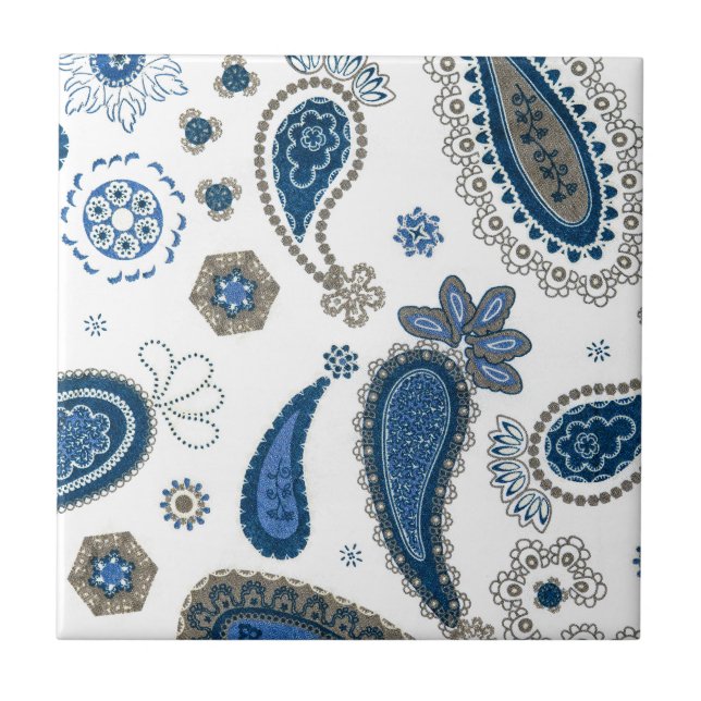 Carreau En Céramique Motif de Bohême Bleu Paisley (Devant)