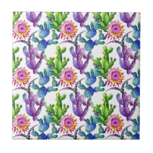 Carreau En Céramique Motif de cactus de fleur sauvage d'aquarelle