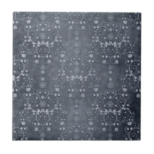 Carreau En Céramique Motif de Damas Florales Gris D'Eau Profonde