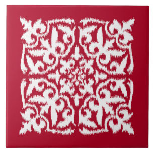 Carreau En Céramique Motif de damassé d'Ikat - rouge foncé et blanc