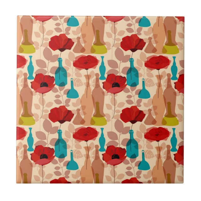 Carreau En Céramique Motif de fleurs, de vases et de bouteilles (Devant)