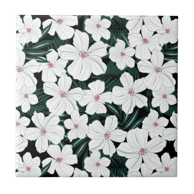 Carreau En Céramique Motif de fleurs tropical blanc (Devant)