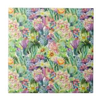 Carreau En Céramique Motif de floraison exotique de cactus d'aquarelle