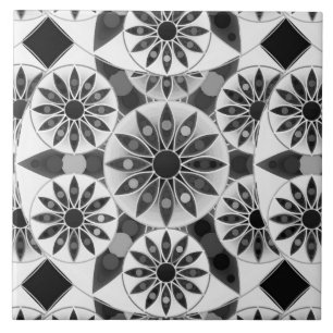 Carreau En Céramique Motif de mandala, noir, blanc et gris/gris
