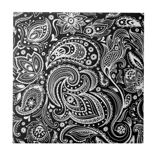 Carreau En Céramique Motif de marguerite florale noir et blanc (Devant)